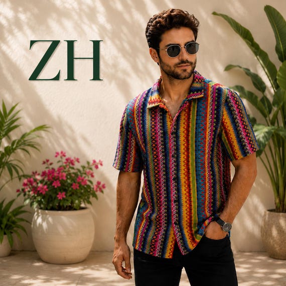Men’s Crochet Festival Camp Collar Shirt, Tribal Print Boho Beach Button Up, Retro Summer Vacation Casual Outfit for Men