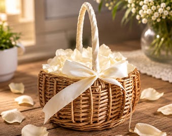 Wicker Flower Girl Basket, Handwoven Wedding Basket with Handle, Rustic Petal Basket for Wedding Ceremony, Home & Picnic Decor