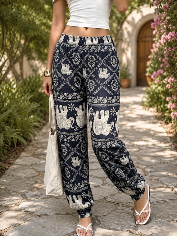 Elephant Print Rayon Harem Pants – Boho Yoga Trousers, Smocked Waist, Festival Style