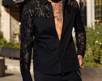 Men's Black Lace Shirt, Sheer Button Up Shirt, Floral Long Sleeve Shirt, Gothic Evening Wear, Men's Party Shirt, Clubwear Shirt