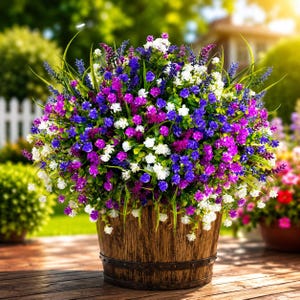 Op de afbeelding: Een rond arrangement van kunstbloemen in tinten paars, blauw en wit, met kleine bloesems en groene grasachtige stengels. Het bloemstuk zit in een bruine, cilindervormige houten emmer met donkere metalen banden.