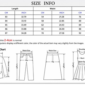 May include: A size chart table with columns for length, waist, and hip measurements in centimetres and inches for sizes S through 2XL. Below the table, a measurement chart illustrates how to measure a shirt, trousers, a skirt, and a dress.