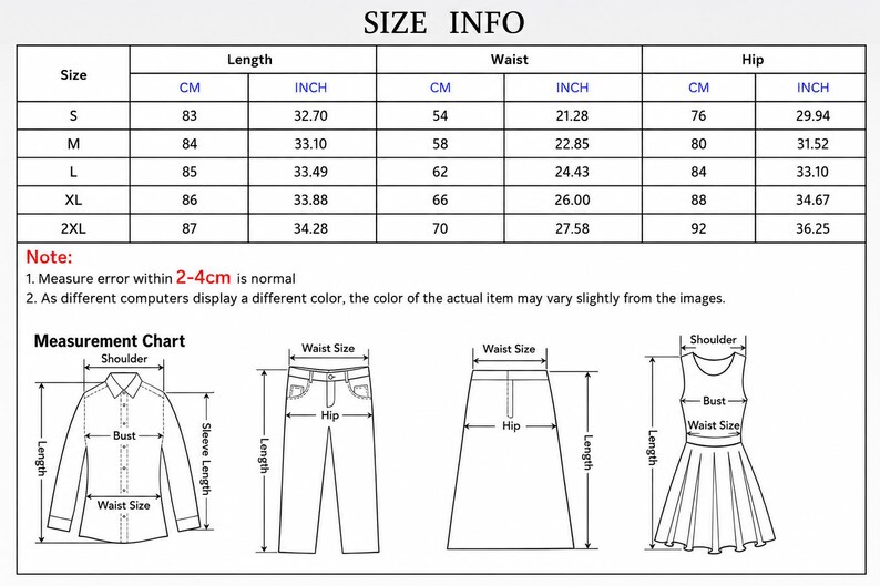 May include: A size chart table with columns for length, waist, and hip measurements in centimetres and inches for sizes S through 2XL. Below the table, a measurement chart illustrates how to measure a shirt, trousers, a skirt, and a dress.