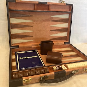 May include: Open backgammon set with a brown leather handle and a dark blue exterior. The interior features a playing surface with brown, beige, and white triangles. Includes dice, game pieces, and a booklet titled "Backgammon".