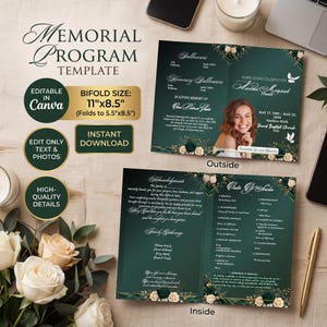 May include: A bifold memorial program template in dark green with floral accents. The outside features a photo of a person, text including 'In Loving Memory of', and '11"x8.5"' dimensions. The inside displays 'Order of Service' and 'Acknowledgements' text.