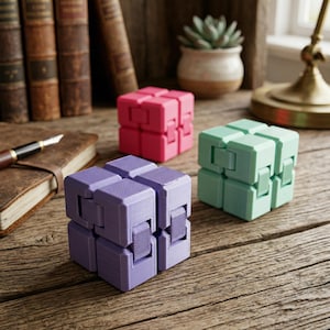 Pode incluir: Três cubos fidget coloridos em rosa, verde e roxo estão sobre uma superfície de madeira. Os cubos são compostos por blocos menores e conectados que podem ser manipulados. O fundo inclui livros, uma planta suculenta e uma luminária de mesa.