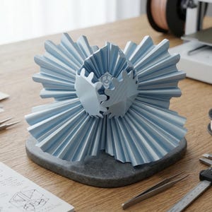 Könnte beinhalten: Hellblaues, 3D-gedrucktes dekoratives Objekt, das einer stilisierten Blume ähnelt und auf einem grauen Steinsockel ruht. Das Objekt ist von Werkzeugen umgeben, darunter eine Pinzette, ein digitaler Messschieber und ein Notizblock mit Skizzen. Ein 3D-Drucker und Spulen mit Filament befinden sich im Hintergrund.