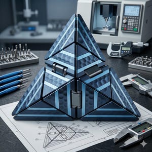 Pode incluir: Um quebra-cabeça geométrico em forma de pirâmide, construído com painéis de metal azul escuro e azul claro. O quebra-cabeça está aberto, revelando sua estrutura interna. Ferramentas e um projeto estão visíveis no fundo.