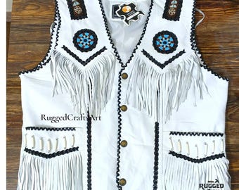 Herren Handgefertigte Cowboy Fringe Perlen weiße Lederweste | Unisex Native American Style Western Biker Weste | Anpassen des Country Rodeo Outfit