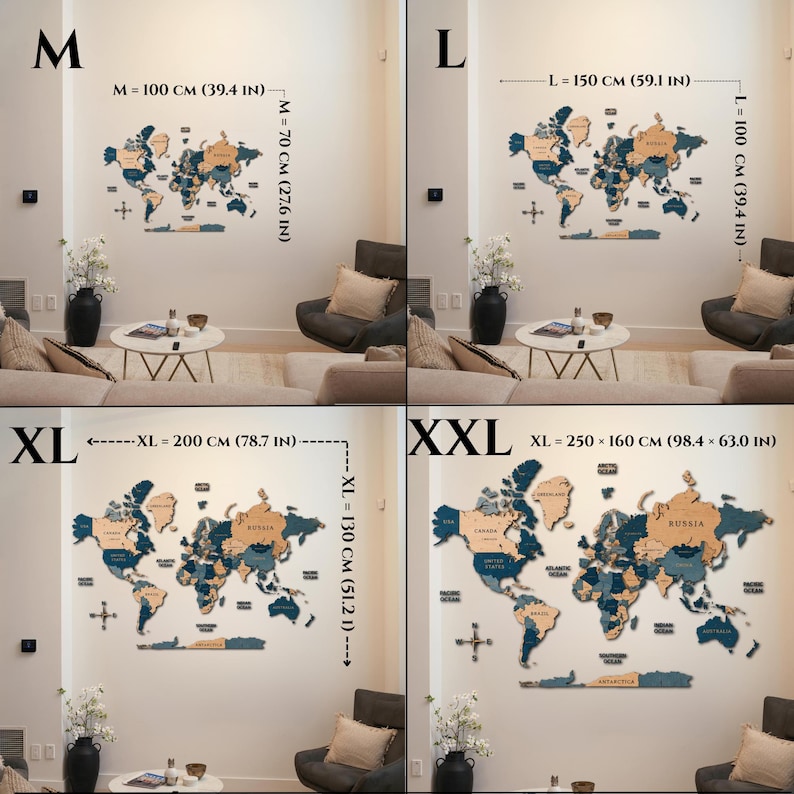 3D Wooden World Map in Ocean Blue Colors Wall Art – Large Travel Map ...
