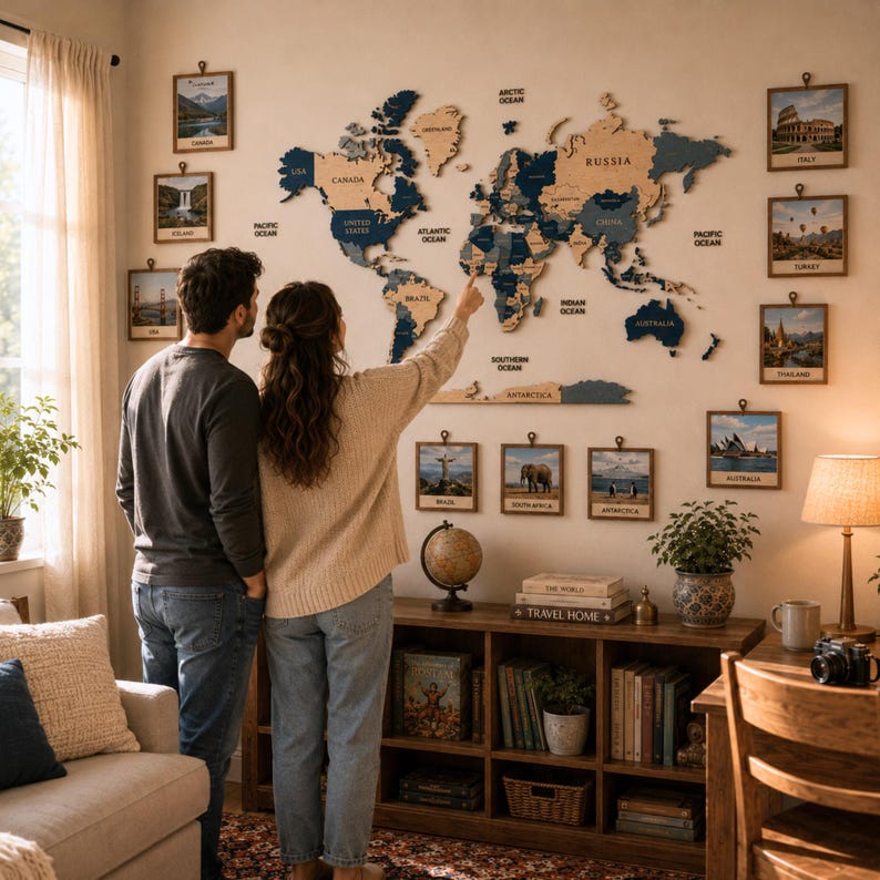 3D Wooden World Map in Ocean Blue Colors Wall Art – Large Travel Map ...