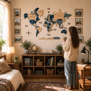 Può includere: Una mappa del mondo in legno con continenti blu e beige è montata su una parete beige. La mappa è circondata da foto incorniciate. Una donna è in piedi di fronte alla mappa, tenendo una tazza. Una libreria in legno e un tappeto sono in primo piano.