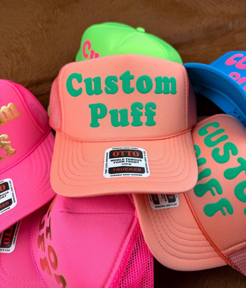 Anpassad pufftryckt hatt, Anpassad skumhatt, Anpassad truckerkeps i nät, Hatt med hög krona, Skumtruckerkeps, Metallisk puffhatt, 3D-pufftryckt hatt bild 5