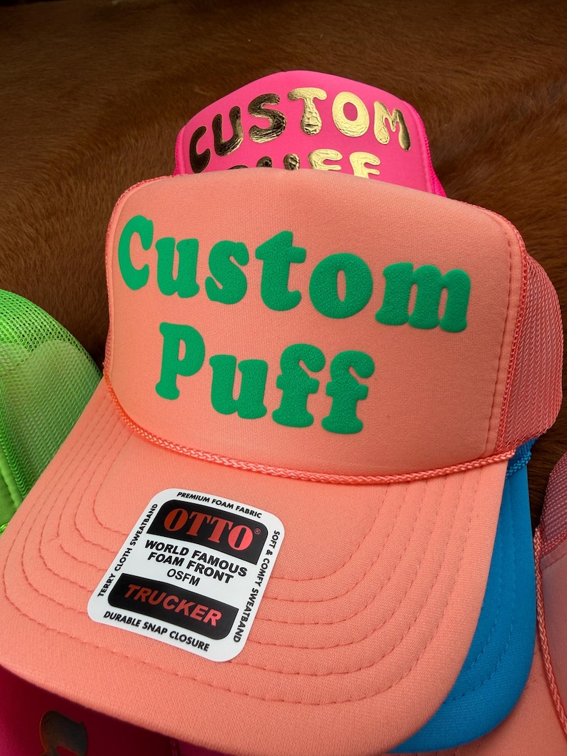 Anpassad pufftryckt hatt, Anpassad skumhatt, Anpassad truckerkeps i nät, Hatt med hög krona, Skumtruckerkeps, Metallisk puffhatt, 3D-pufftryckt hatt bild 4
