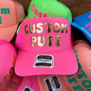 Anpassad pufftryckt hatt, Anpassad skumhatt, Anpassad truckerkeps i nät, Hatt med hög krona, Skumtruckerkeps, Metallisk puffhatt, 3D-pufftryckt hatt bild 9