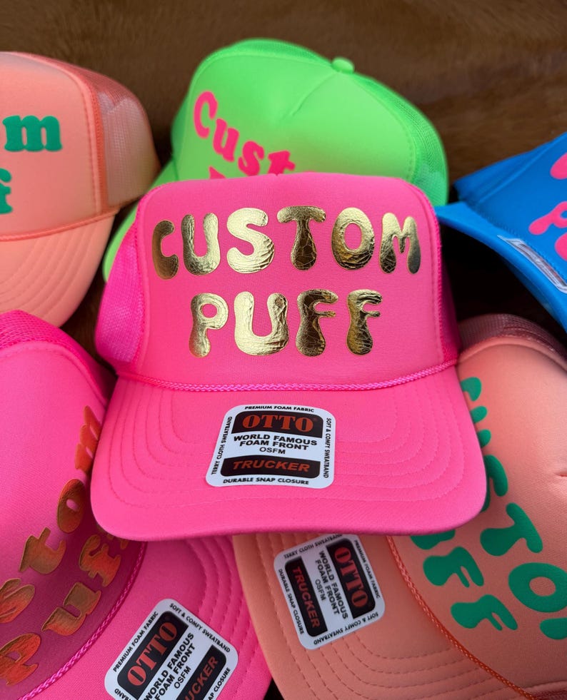 Anpassad pufftryckt hatt, Anpassad skumhatt, Anpassad truckerkeps i nät, Hatt med hög krona, Skumtruckerkeps, Metallisk puffhatt, 3D-pufftryckt hatt bild 9