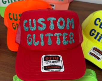 Anpassad glitterhatt, glittertruckerhatt, glitterfesthatt, glitterskumhatt, personlig glitterhatt, anpassad spelhatt, anpassad grupphatt,