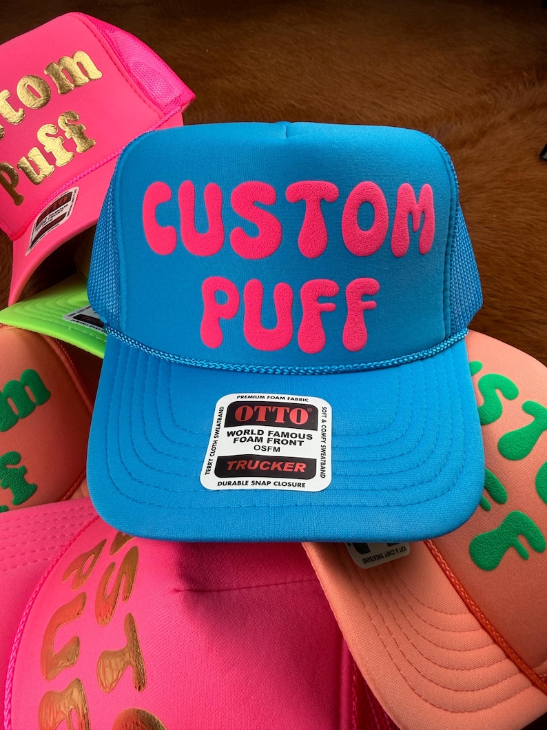 Anpassad pufftryckt hatt, Anpassad skumhatt, Anpassad truckerkeps i nät, Hatt med hög krona, Skumtruckerkeps, Metallisk puffhatt, 3D-pufftryckt hatt bild 8