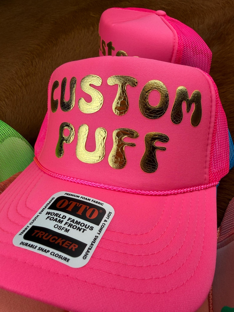 Anpassad pufftryckt hatt, Anpassad skumhatt, Anpassad truckerkeps i nät, Hatt med hög krona, Skumtruckerkeps, Metallisk puffhatt, 3D-pufftryckt hatt bild 13