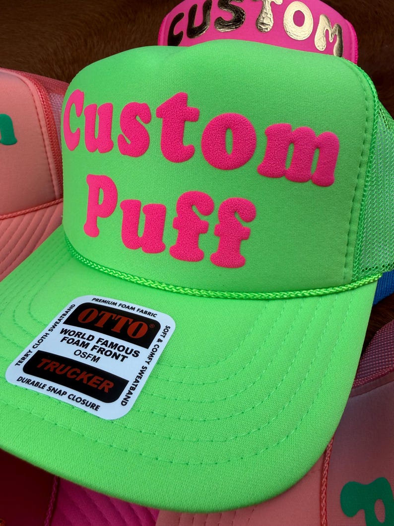Anpassad pufftryckt hatt, Anpassad skumhatt, Anpassad truckerkeps i nät, Hatt med hög krona, Skumtruckerkeps, Metallisk puffhatt, 3D-pufftryckt hatt bild 11