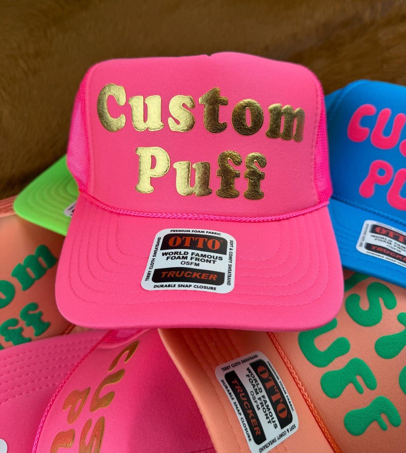 Anpassad pufftryckt hatt, Anpassad skumhatt, Anpassad truckerkeps i nät, Hatt med hög krona, Skumtruckerkeps, Metallisk puffhatt, 3D-pufftryckt hatt bild 7