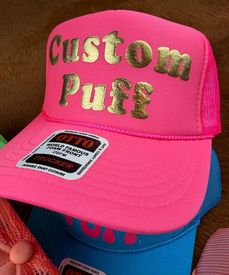 Anpassad pufftryckt hatt, Anpassad skumhatt, Anpassad truckerkeps i nät, Hatt med hög krona, Skumtruckerkeps, Metallisk puffhatt, 3D-pufftryckt hatt bild 12