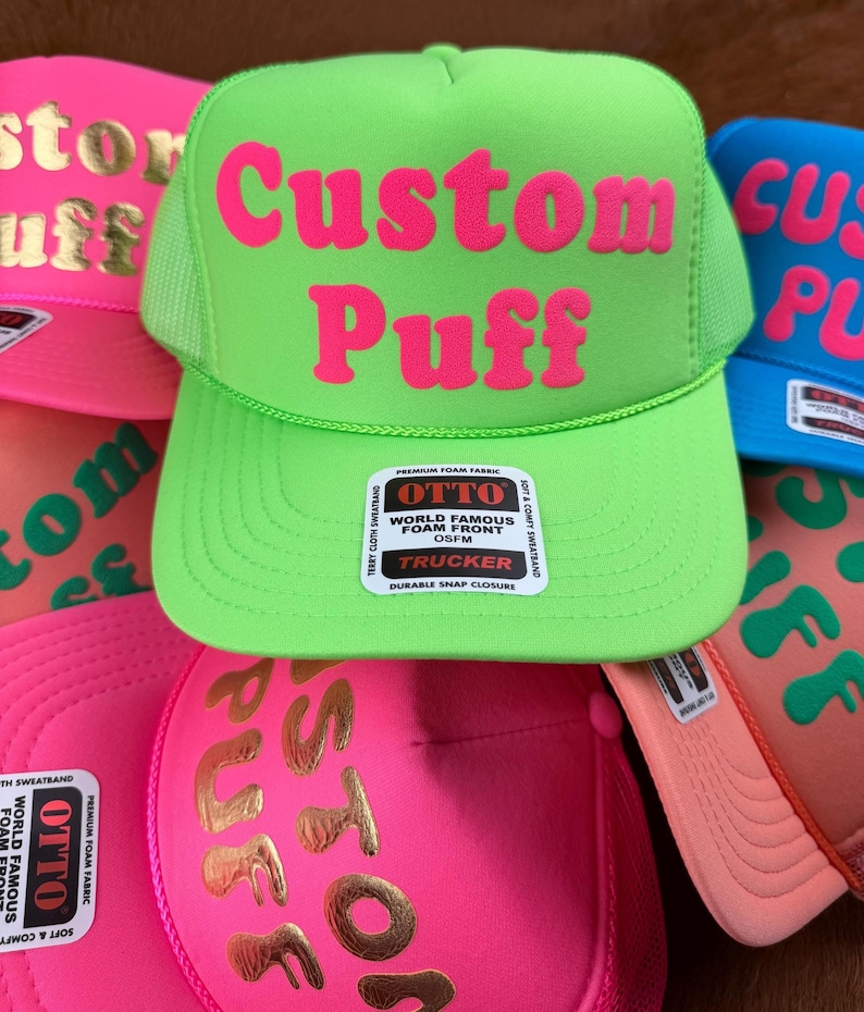 Anpassad pufftryckt hatt, Anpassad skumhatt, Anpassad truckerkeps i nät, Hatt med hög krona, Skumtruckerkeps, Metallisk puffhatt, 3D-pufftryckt hatt bild 6
