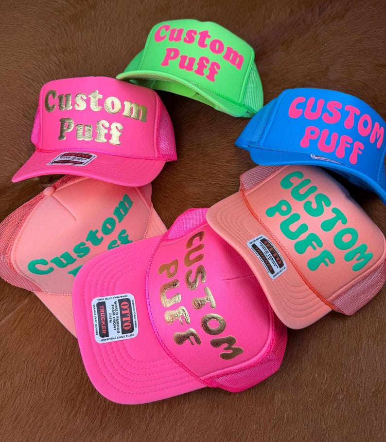 Anpassad pufftryckt hatt, Anpassad skumhatt, Anpassad truckerkeps i nät, Hatt med hög krona, Skumtruckerkeps, Metallisk puffhatt, 3D-pufftryckt hatt bild 3