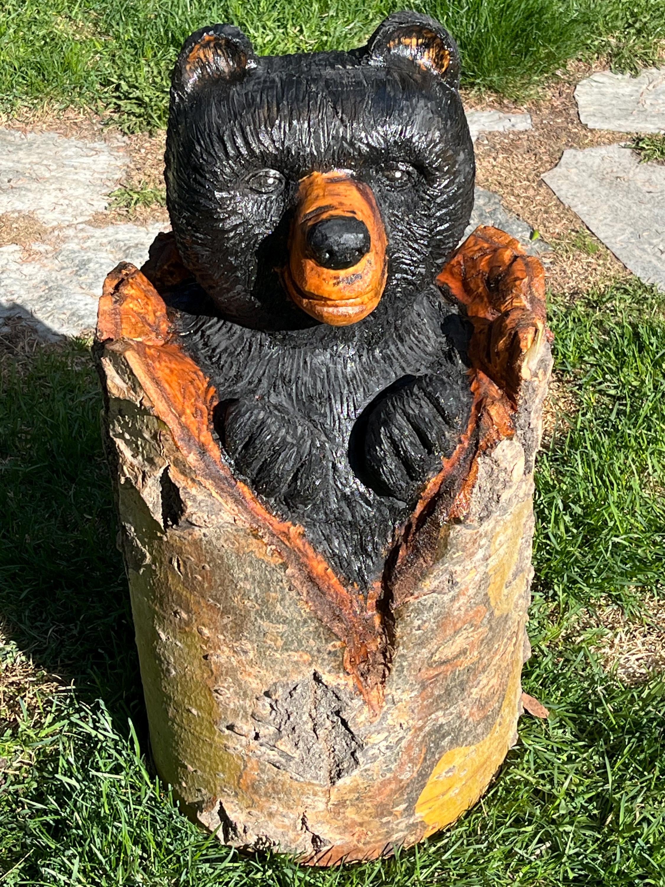 Chainsaw Carved Bear Cub in Log | Rustic Black Bear Wood Sculpture ...