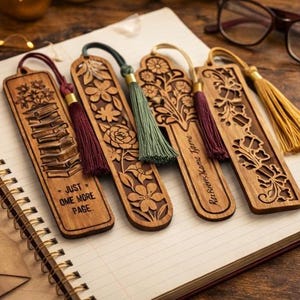 May include: Wooden bookmarks with intricate floral and stack of books designs, each with a tassel. One bookmark reads "Just One More Page." The bookmarks are on a notebook with a pen, glasses, and a lit candle in the background.