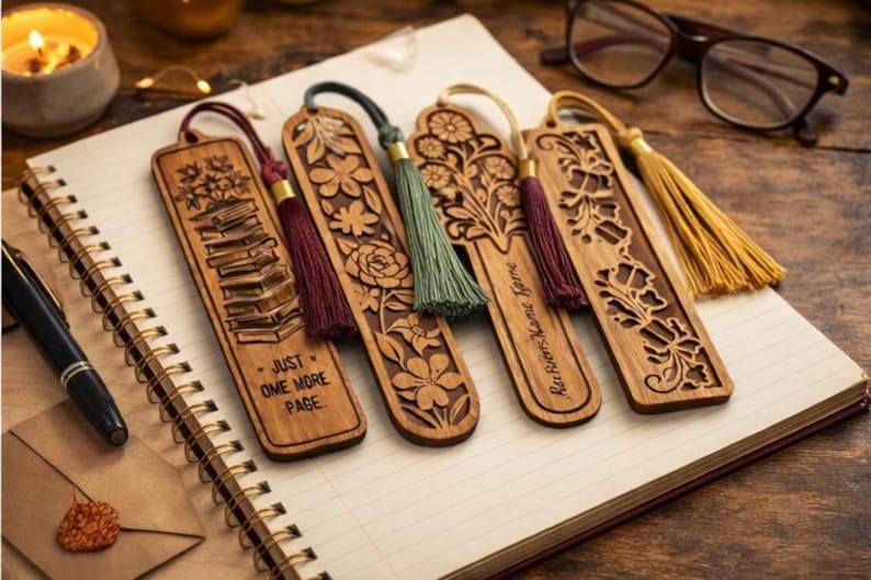 May include: Wooden bookmarks with intricate floral and stack of books designs, each with a tassel. One bookmark reads "Just One More Page." The bookmarks are on a notebook with a pen, glasses, and a lit candle in the background.