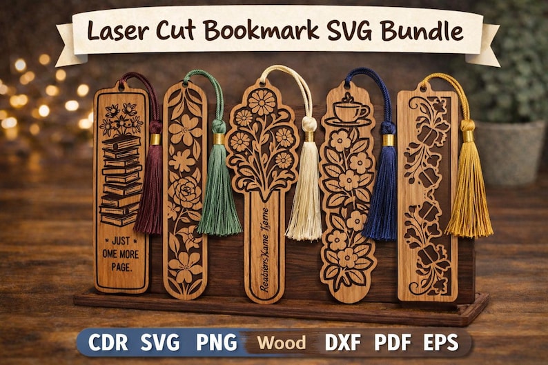 May include: A collection of laser-cut wooden bookmarks with intricate floral and book designs. Each bookmark features a different tassel color, including burgundy, green, cream, blue, and gold. The bookmarks are displayed on a wooden stand.