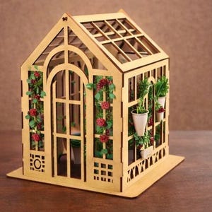 Mini-kas lasergesneden bundel, houten tuinhuislantaarnset (digitale download) afbeelding 3