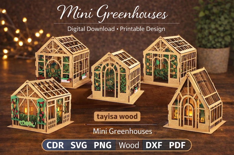 Op de afbeelding: Verschillende miniatuurhouten kassen met gedetailleerde lasergesneden ontwerpen worden getoond. De tekst "Mini Greenhouses" en "Digital Download &bull; Printable Design" zijn zichtbaar. Bestandsformaten zijn onder meer CDR, SVG, PNG, Wood, DXF en PDF.