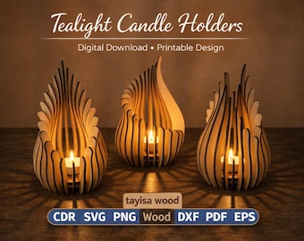 Flame Lantern DXF, Wooden Tealight Holder Template, CNC Laser Files, Glowforge Lantern, Decorative Light