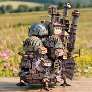 May include: A detailed wooden model of Howl's Moving Castle, featuring multiple small houses, chimneys, and mechanical details. The model is primarily brown with accents of gray and red, set against a blurred natural background.