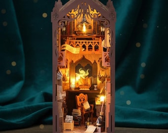 Magic Library Book Nook Kit, DIY Miniature Wooden Puzzle with LED Lights