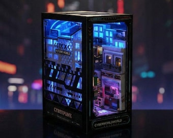 Cyberpunk City Book Nook LED Miniature, Futuristic Sci-Fi Shelf Insert for Gamer Decor