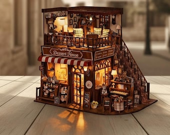 DIY Miniature Dessert House Kit, Wooden 3D Puzzle with Warm LED Lighting Decor