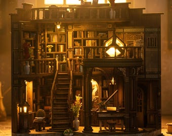 Warm Library Book Nook Kit, Dreamy Wooden Miniature Dollhouse Shelf Decor
