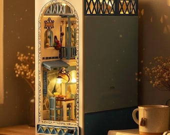 Greek Street Book Nook Kit, DIY Mediterranean Diorama with Warm LED Lighting