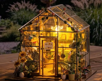 DIY Miniature Greenhouse Kit – Glass House Model with LED Lights (Craft Kit)