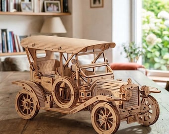 Vintage Wooden Car 3D Puzzle Kit, Mechanical DIY Model for Adults and Crafts