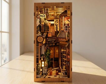 DIY Japanese Alley Book Nook Kit, Miniature Wooden Bookshelf Insert with LED Warm Lights