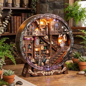 Magic Library DIY Wooden Puzzle Kit, Miniature 3D Model Building Craft for Decor
