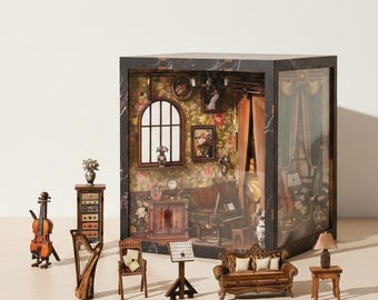 DIY Music Studio Book Nook Kit, Miniature Wooden Room with LED Lights Decor