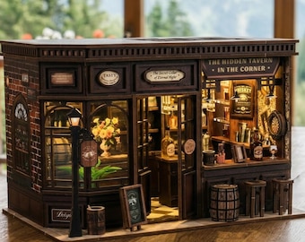 DIY Vintage Speakeasy Bar Miniature Kit - Retro Tavern Diorama with LED Lights - 3D Wooden Craft Kit for Adults - Classic Pub Model Decor