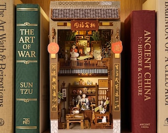 Chinese Tea House Book Nook: 3D Wooden Puzzle Miniature Kit for Bookshelf Decor