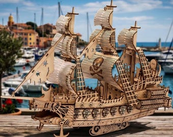 3D Wooden Pirate Ship Model Kit, DIY Craft Puzzle for Nautical Decor & Gifts