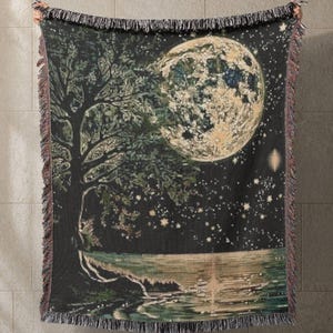 Sternenklare Nachtbaum Mond Gewebte Decke | Mond Wald Tapisserie werfen, Wald Märchen Folklore | Himmlischer Silberseebaum